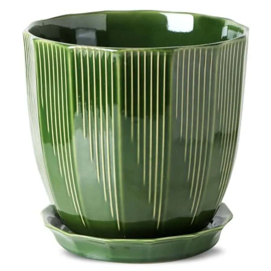 

Большой керамический горшок для растений 10 дюймов, комнатный керамический кашпо с дренажным отверстием и поддоном для растений и цветов, зеленый