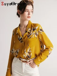 SuyaDream, Woman Printed Shirts, 100%Mulberry Silk, Turn Down Collar Chest Pockets Blouses, 2024 Spring Summer Top