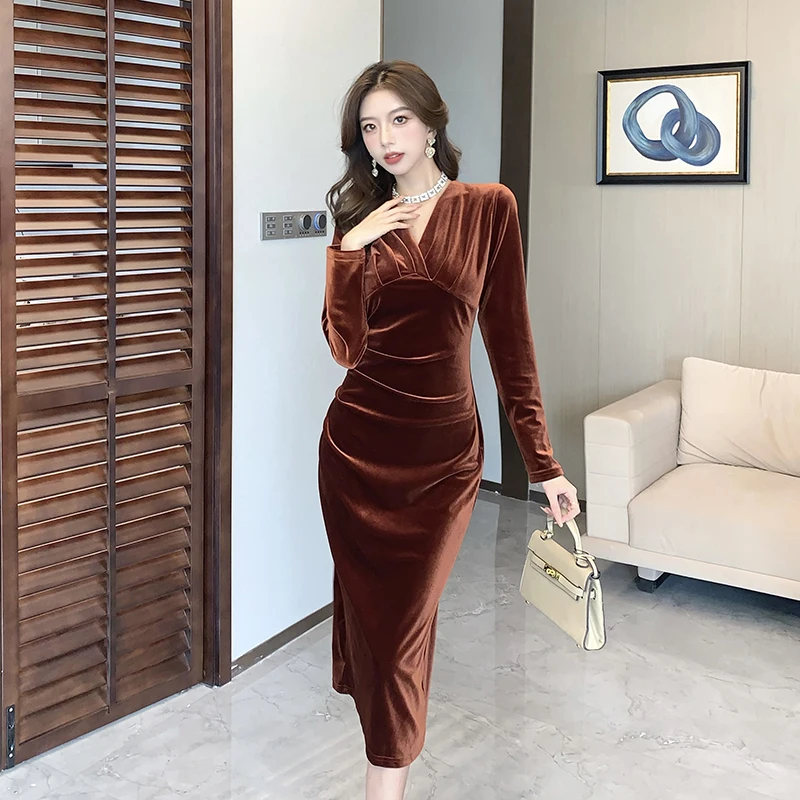 

Fashion Women V Neck Velvet Split Pencil Midi Dress French Autumn Winter Long Sleeve High Waist Folds Velour Bodycon Vestidos