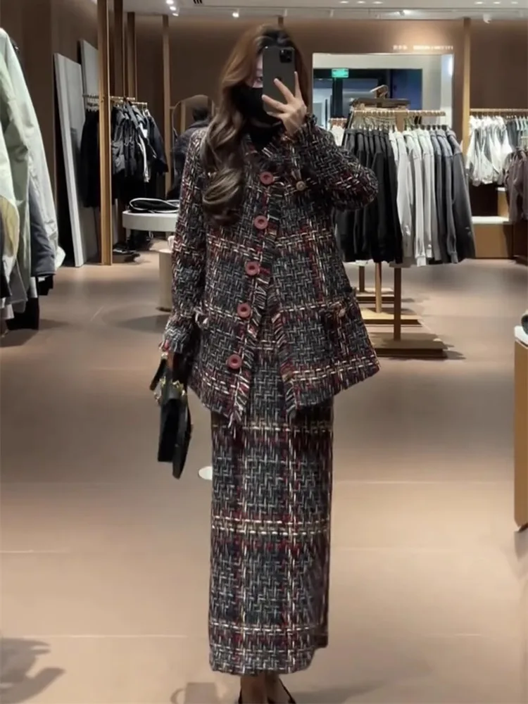Inverno nova moda feminina high-end temperamento grosso tecer pequena fragrância estilo casaco + meia saia elegante conjunto de duas peças
