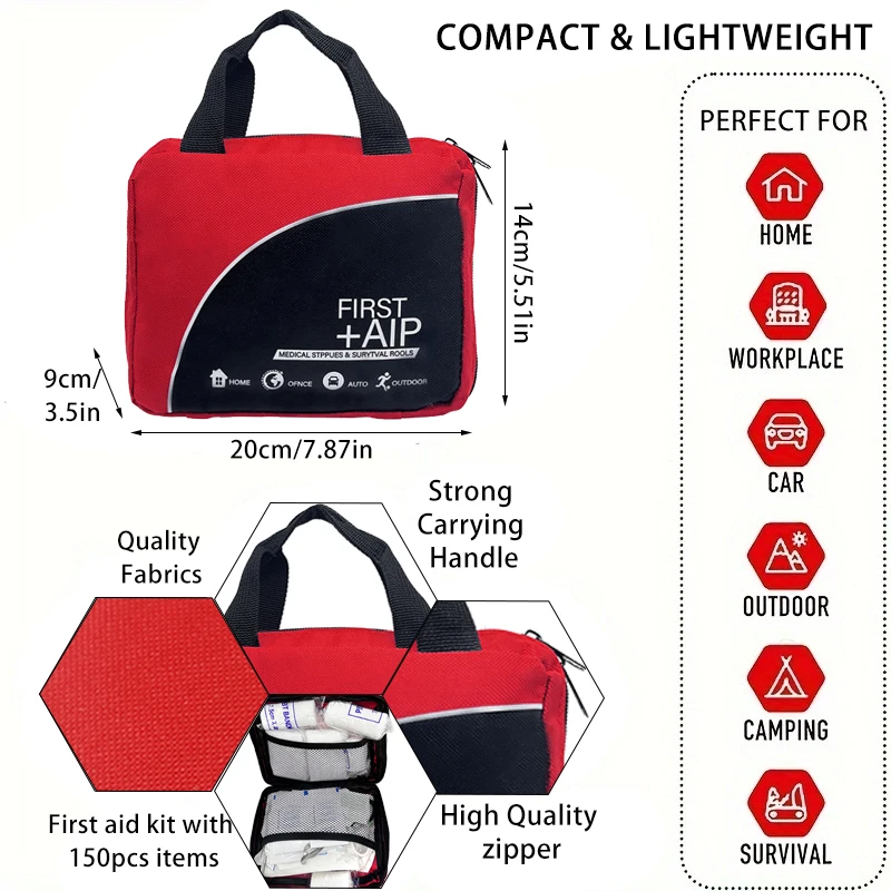 First aid kit - portable and compact for family and outdoor adventures | includes scissors, tweezers, etc