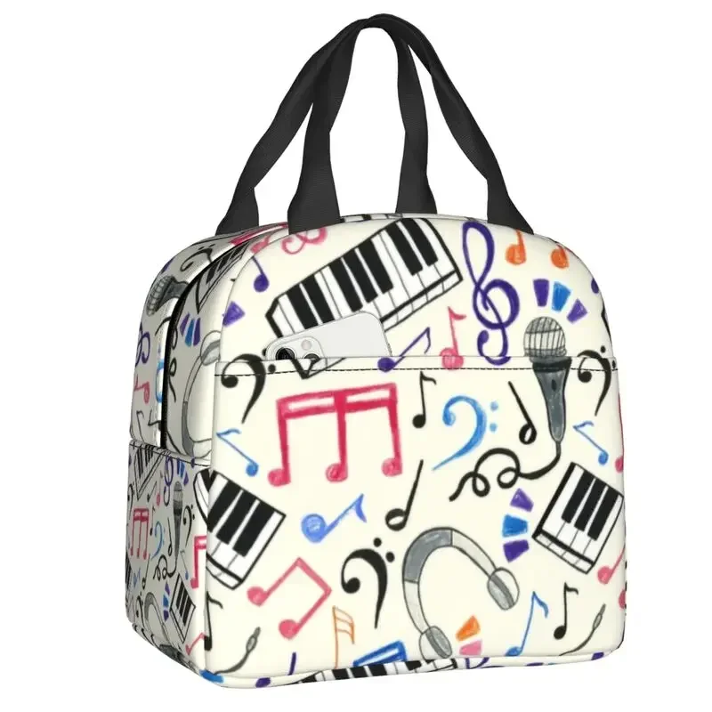 Fashion Piano And Music Notes Lunch Bag Women Cooler Warm Insulated  Container for Kids School Work Picnic Food Tote Bags