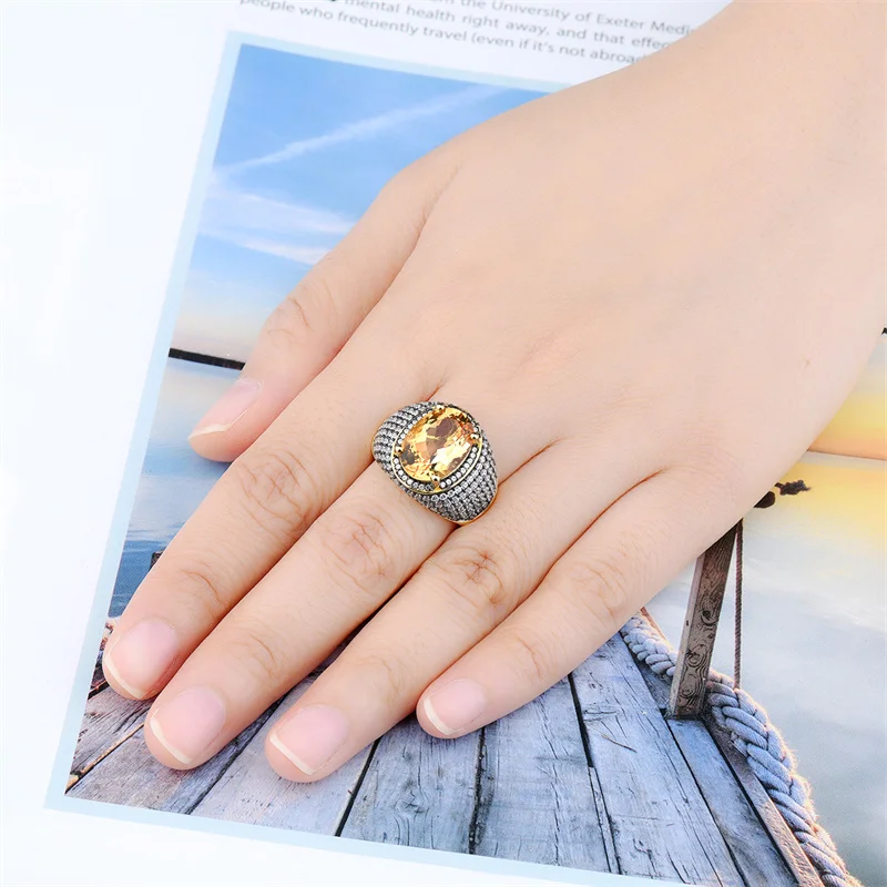 Natural Big Size Citrine 925 Sterling Silver Ring Yellow Gold Plated Genuine Gemstone Gorgous Wedding Ring for Women Jewelry