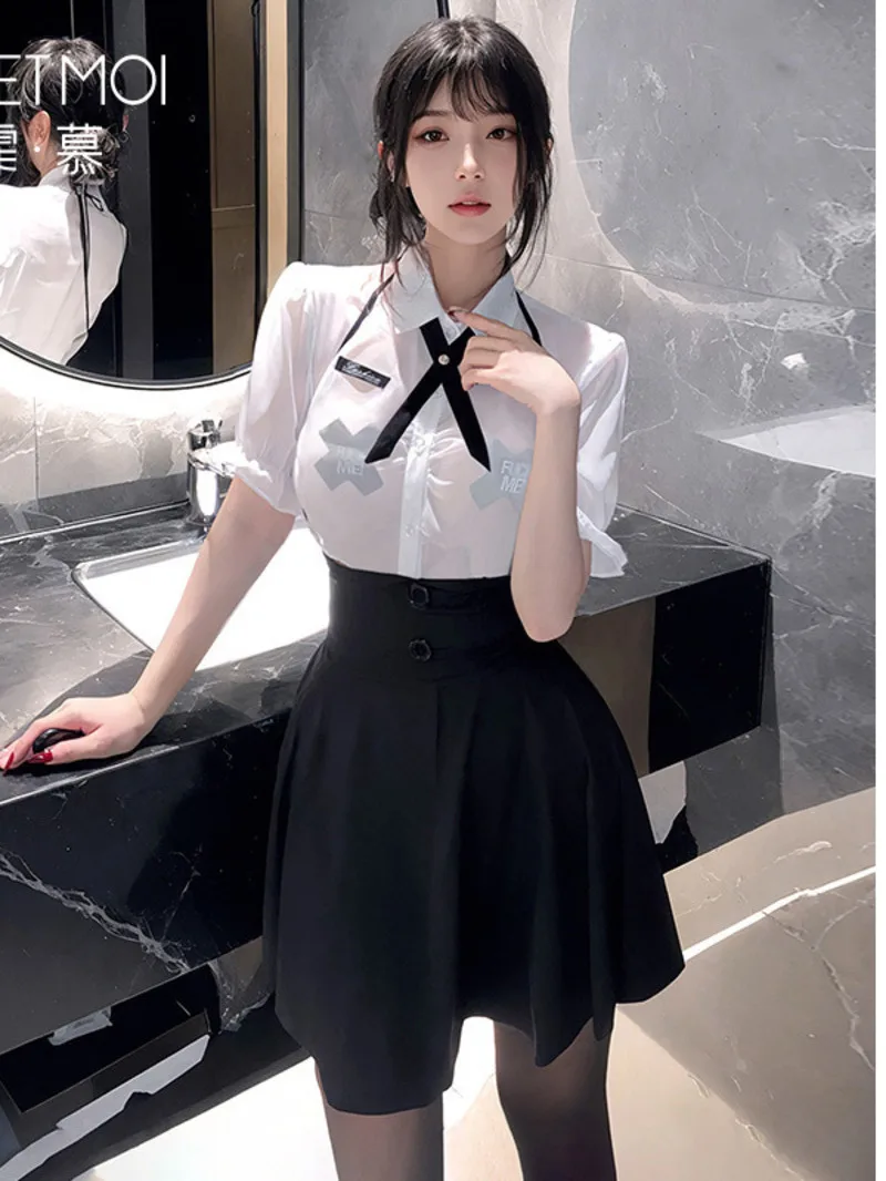 Front Chest Pleated And Transparent College Style Suit Sexy And Pure Desire Uniform Half Transparent Chiffon Shirt Slim 72K3