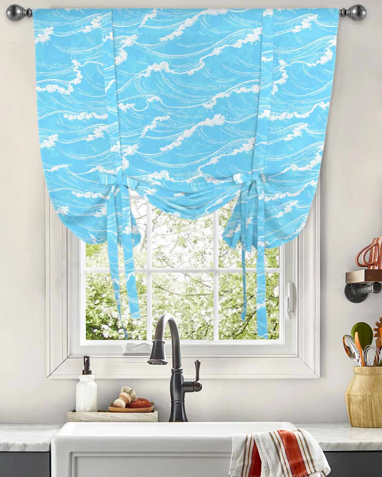 Ocean Abstract Waves Summer Curtains for Living Room Bedroom Modern Tie Up Window Curtain Kitchen Short Curtain