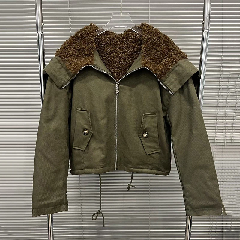 KBQ 2025 Inverno New American Street Cappotti retrò per le donne Colletto blu scuro Cerniera Giacca corta con cappuccio Moda invernale femminile Stye Nuovo