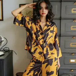 Spring and Summer in The Autumn Ice Silk Pajamas Female Sex Appeal New Style Fashion Loungewear Wide Leg Pants Set Fallow Maiden
