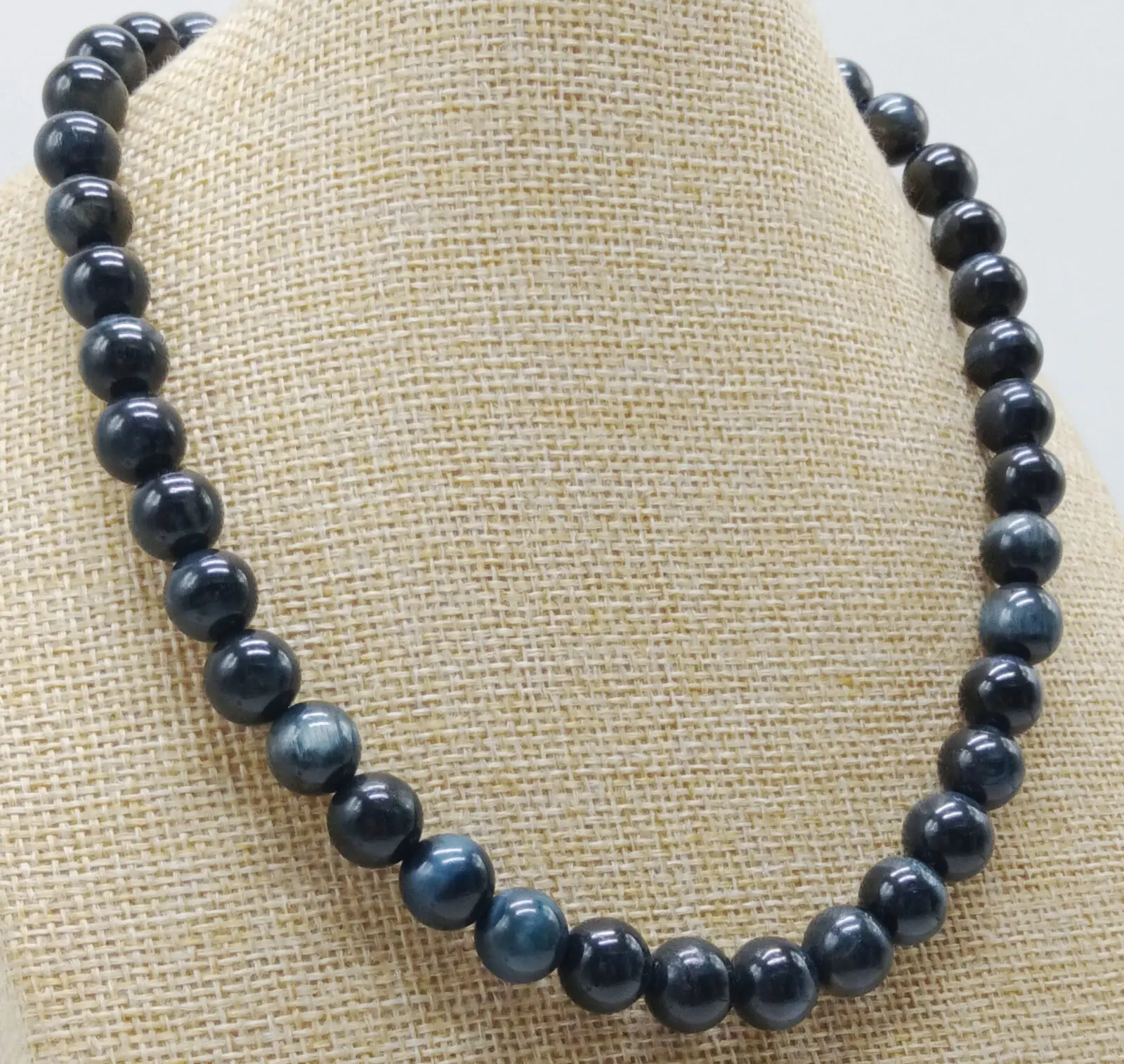 

100% Natural 10mm Hawk's Eye Stone Round Gemstone Beads Knotted Necklace 20 Inch