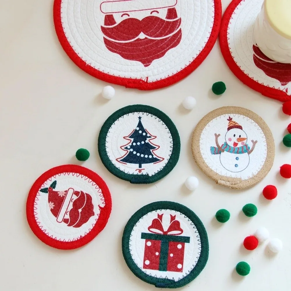 Snowman Trivet Christmas Cup Mat Woven Cotton Rope Heat Resistant Pot Table Mat Round Handmade Christmas Coaster Christmas Gift