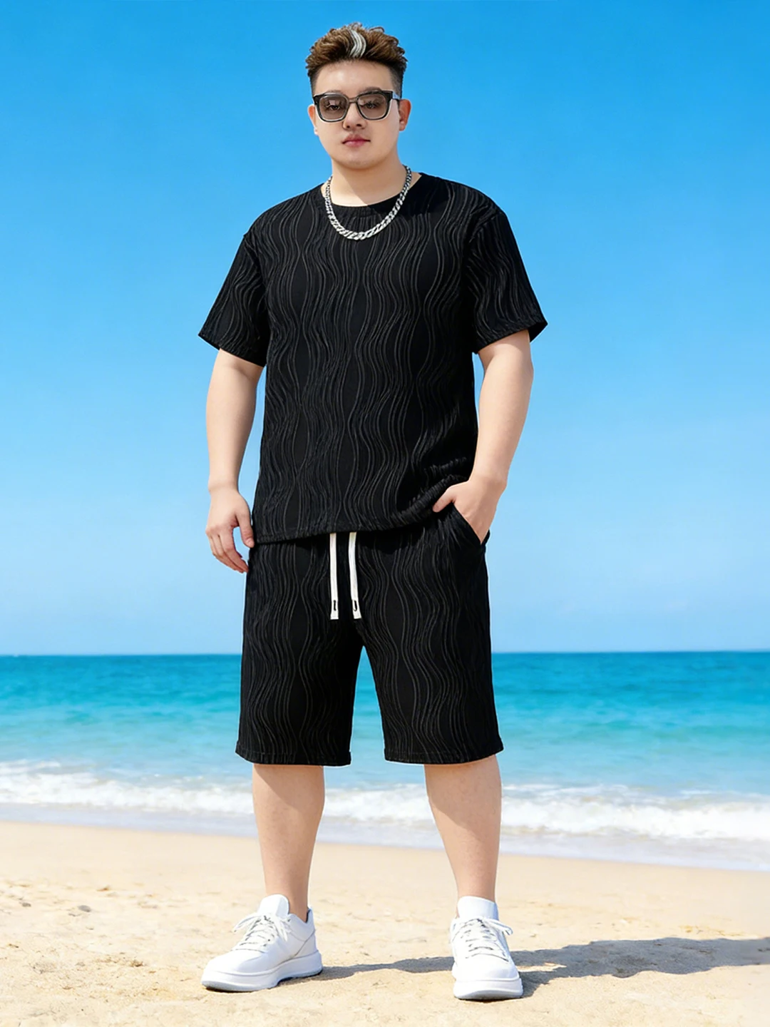 Conjunto Casual de Camiseta de Manga Curta e Shorts em Tecido Ice Silk de Secagem Rápida, Tamanho Extra Grande para Homens, M...