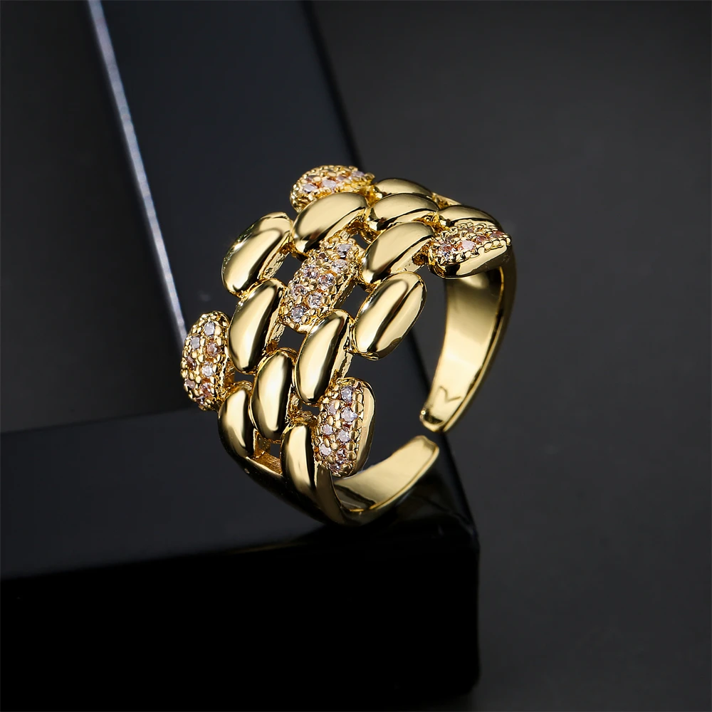 NEWBUY Trendy Gold Color Copper Geometric Jewelry Luxury AAA Cubic Zirconia Wedding Ring For Elegant Women Engagement Gift