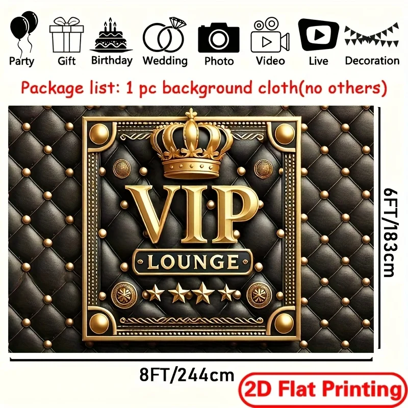2D Flat vip lounge luxury gold emblem tapestry premium black leather texture crown stars