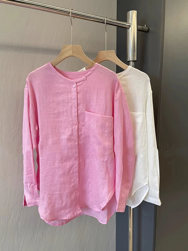 

Casual Cotton Linen Women's irt Spring Autumn Loose Fit round Ne ket Long Sve Sun Protection Top Design Sensation Pink