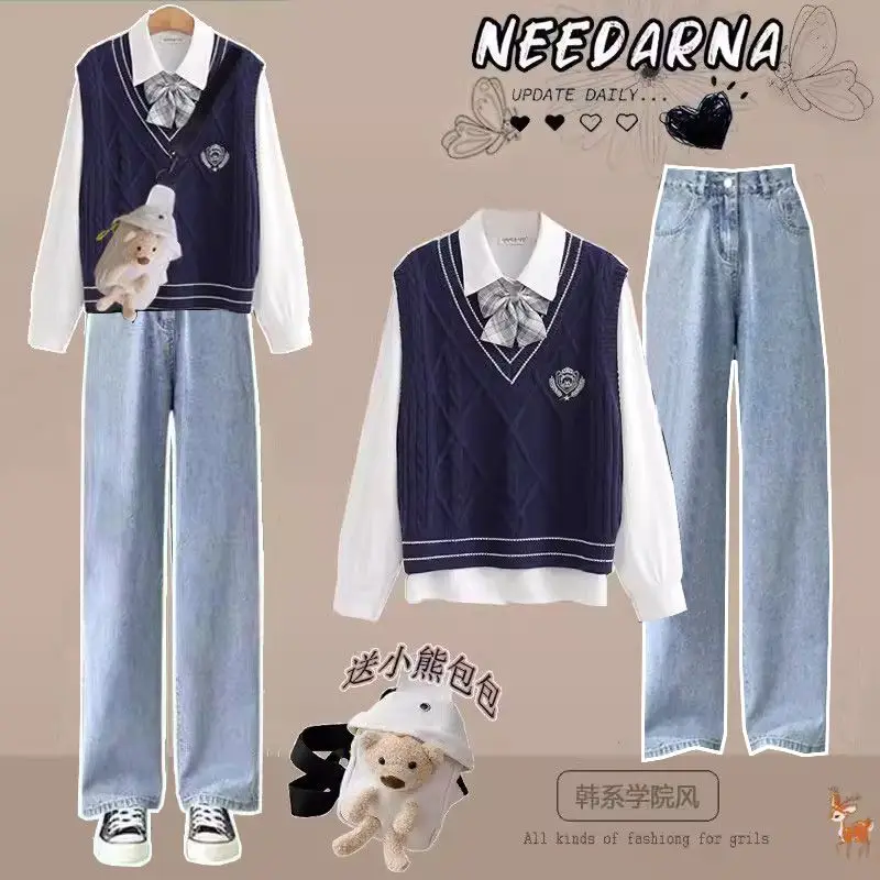 2024 Herbst/Winter Damen Set koreanische lose Weste weißes Hemd modische Jeans mit weitem Bein 3-teiliges Set trendy