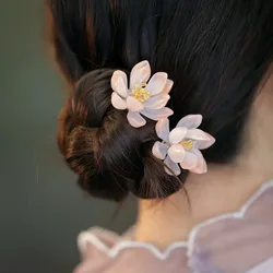 2pcs Vintage Hairpin Glazed Flower Tiara Chinese Hanfu Hair Accessories Lotus Shaped U-shaped Hair Clip Forks Retro Hair Jewelry