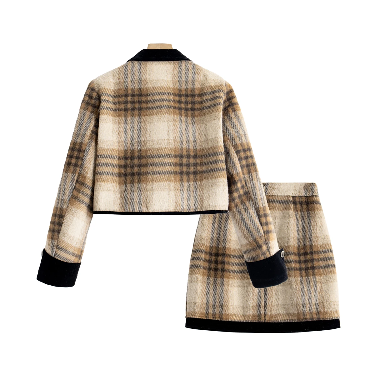 Vintage plaid small fragrance skirt suit women 2023 winter new bow wool two-piece set