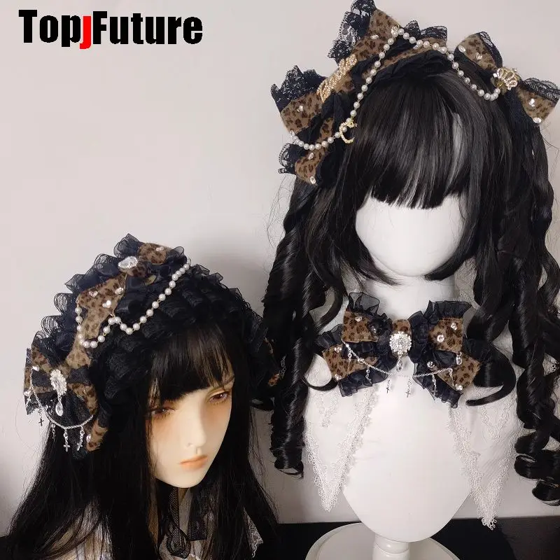 Mars Gal Harajuku Gothic Subculture Lace Leopard Print Lolita Steampunk Y2K Girl Women Bow Hair Clip Hair Clips Pins Hairpin