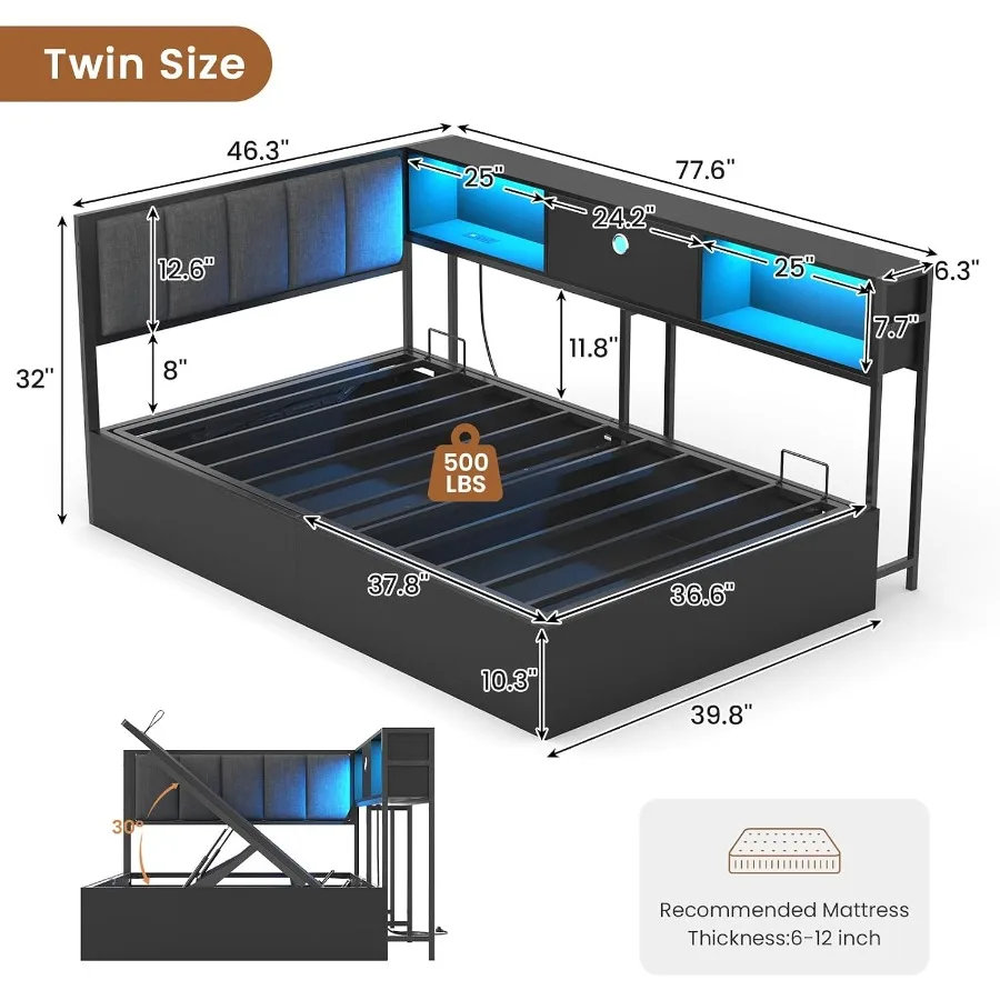 Corner lift-up storage bed frame for kids teens guests, upholstered fabric headboard in gray, with built-in charging station, L