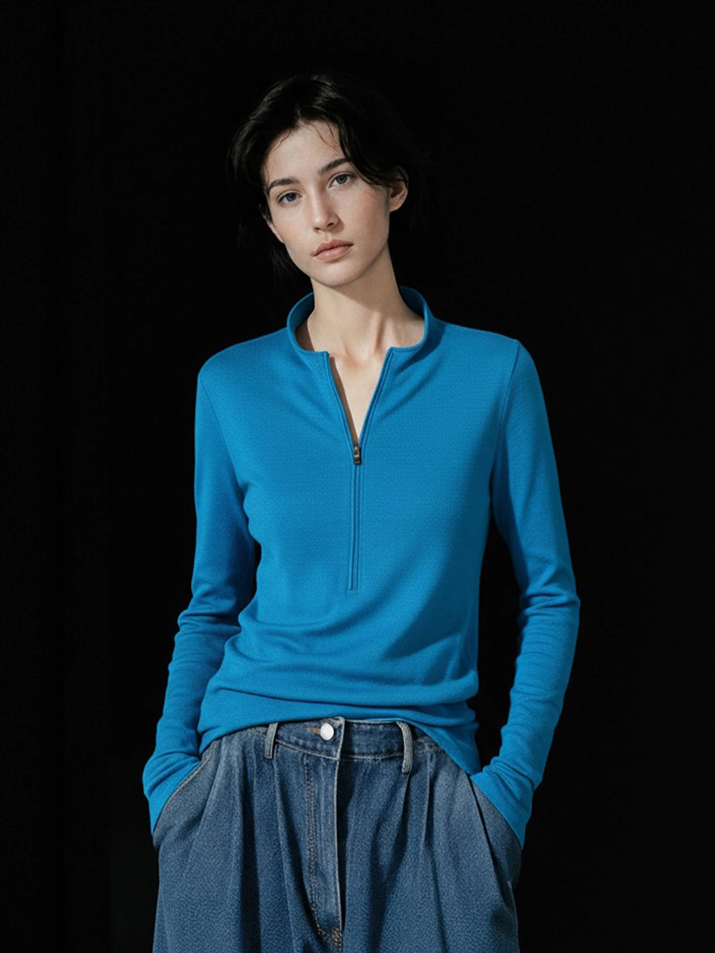 

Comfortable Zipper Stand Collar Long Sleeve T-Shirt Women's Base Shirt Soft Fashionable Pure Color Spring Season Inner Wear