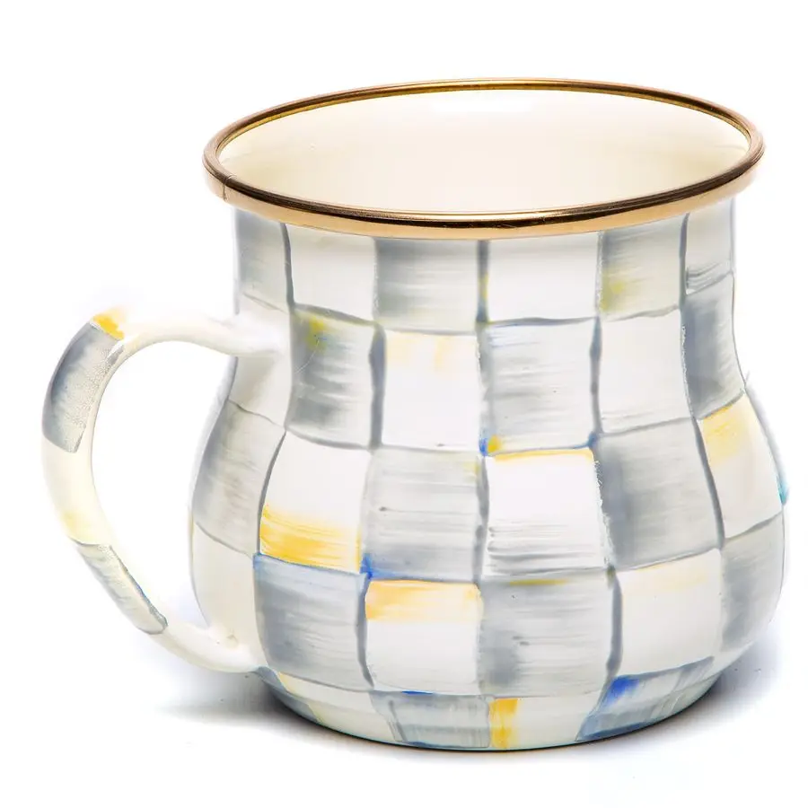 

Enamel Mug, Cute Enamelware Coffee and Tea Mug, Unique Drinkware, 16 Ounces, GrayandWhite Sterling Check, Set of 1