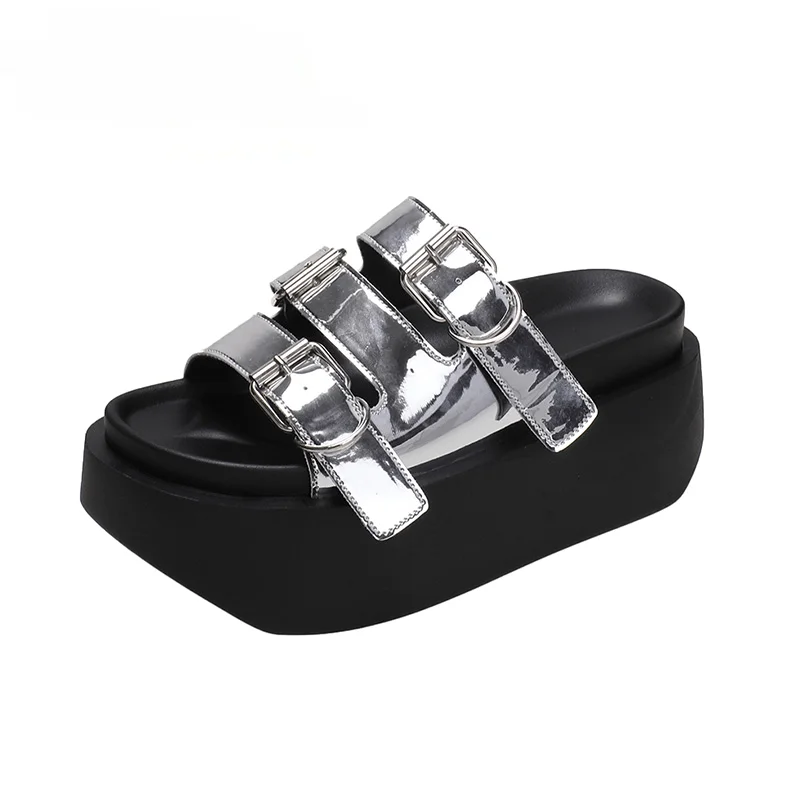 

Silver Women Chunky Slippers 2023 Summer Thick-Bottom Sandals Flip Flops Wedges Buckle Slippers Platform Beach Slides Zapatos