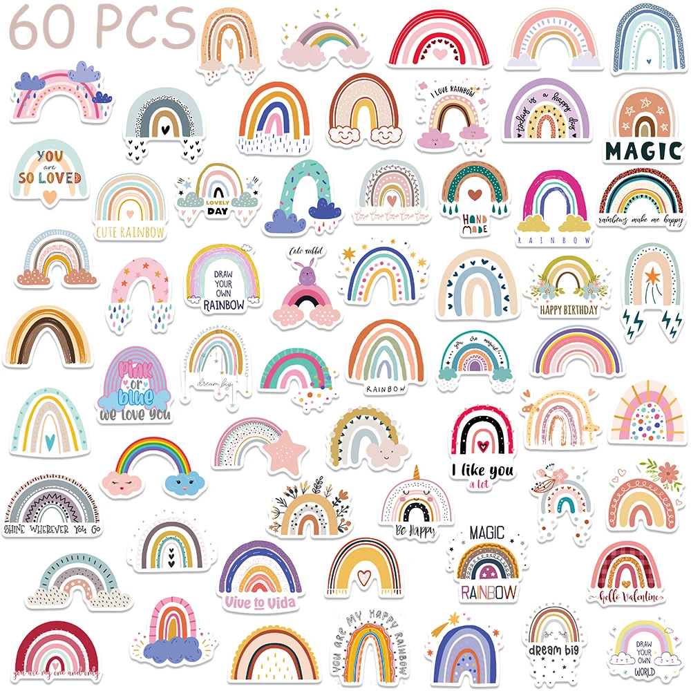 60pcs Cartoon Graffiti Rainbow Stickers Aesthetic Decals For Phone Suitcase Skateboard Guitar Waterproof Stickers Children Gifts