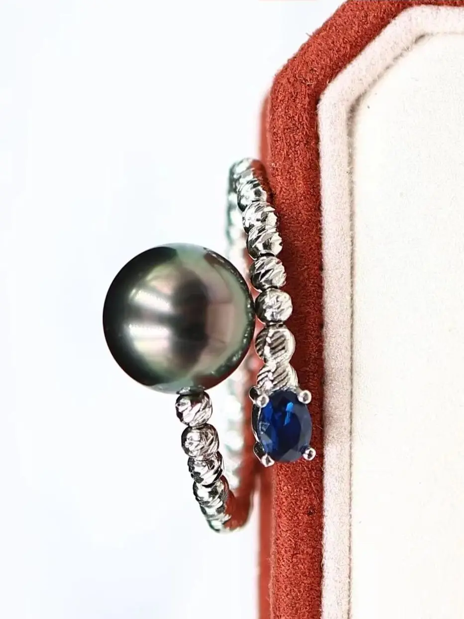S925 pure silver natural Tahitian pearl single pearl ring AAAA9-10mm