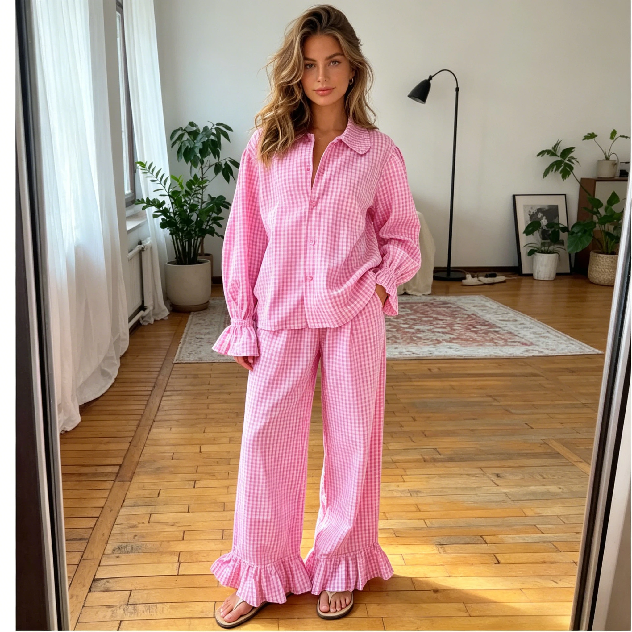

Pant Set Women Two Piece Sets Turn Down Collar Shirt Striped Ruffles Wide Leg Long Pants Elastic Waist Y2k Streetwear Elegant