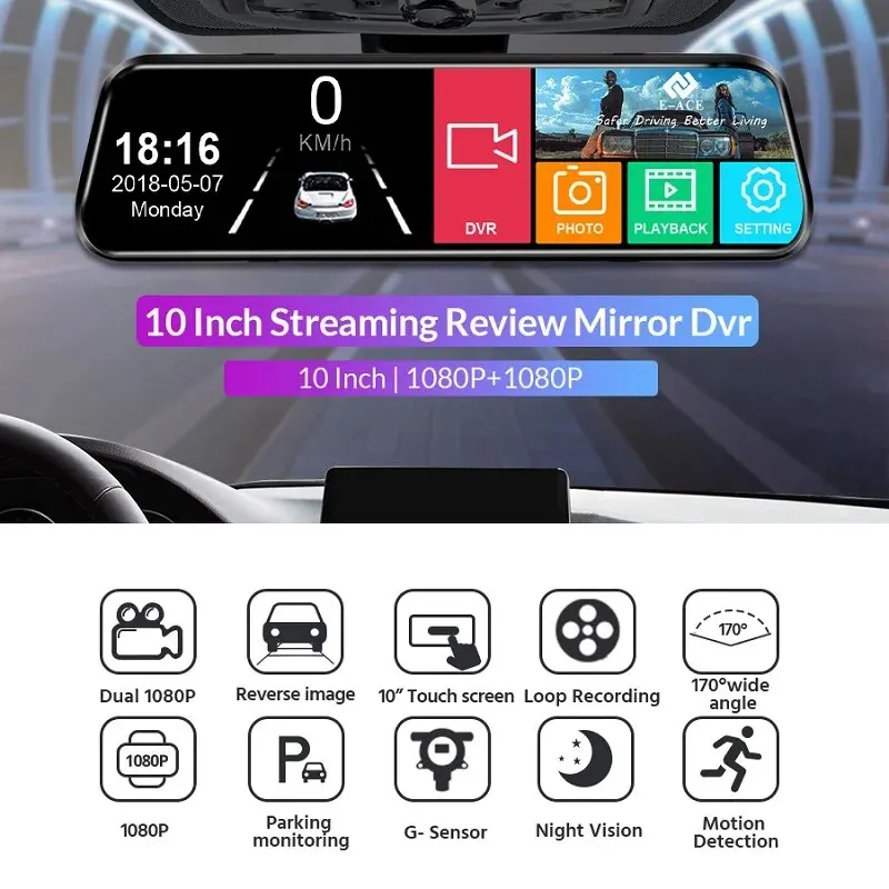 Acceo A20P Car DVR 10 Inch Touch IPS RearView Mirror Support Rear View Camera Dashcam Car Camera Video Recorder