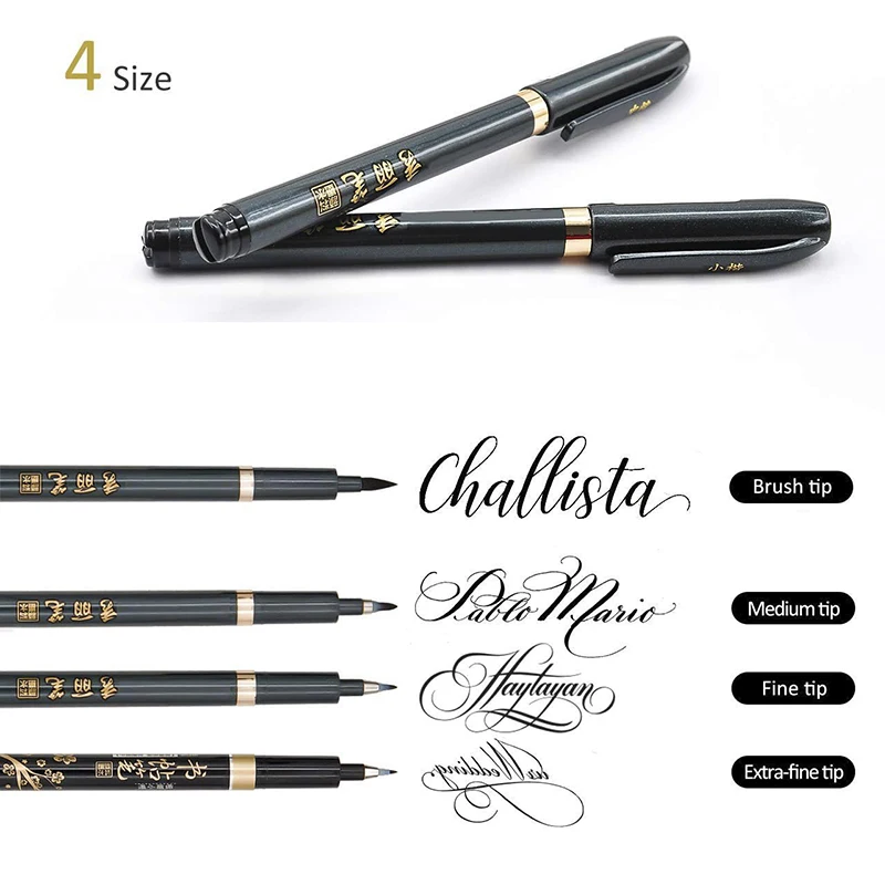 4PCS Calligraphy Hand Lettering Brush Pens Drawing Markers Beginners Kits Black Ink for Journaling, Writing, Art Drawing,