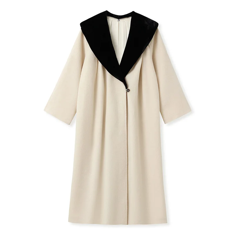 Korean contrasting color velvet collar long wool coat autumn and winter versatile temperament woolen coat for women