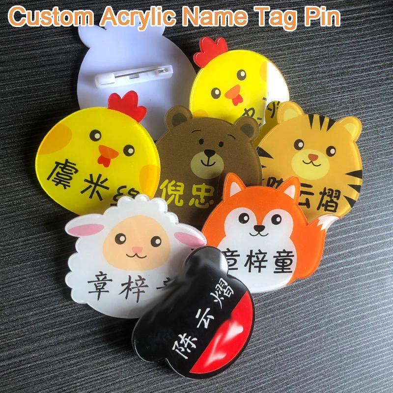 Anpassen Namensschild Pin Abzeichen Acryl Cartoon Tier Muster Form Name Brosche 2 Seiten Drucken Tag Pin für Kinder Abzeichen