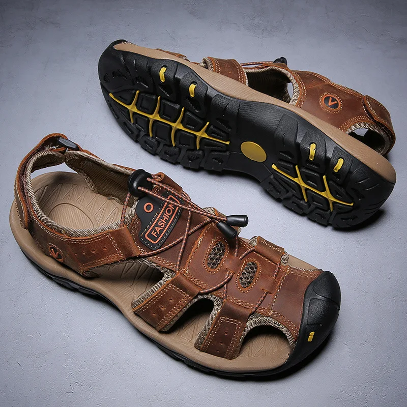 2026 New Men's Sandals Handmade Thick Bottom Rubber Breathable Casual Slip-On Beach Shoes Leather Upgraded Version