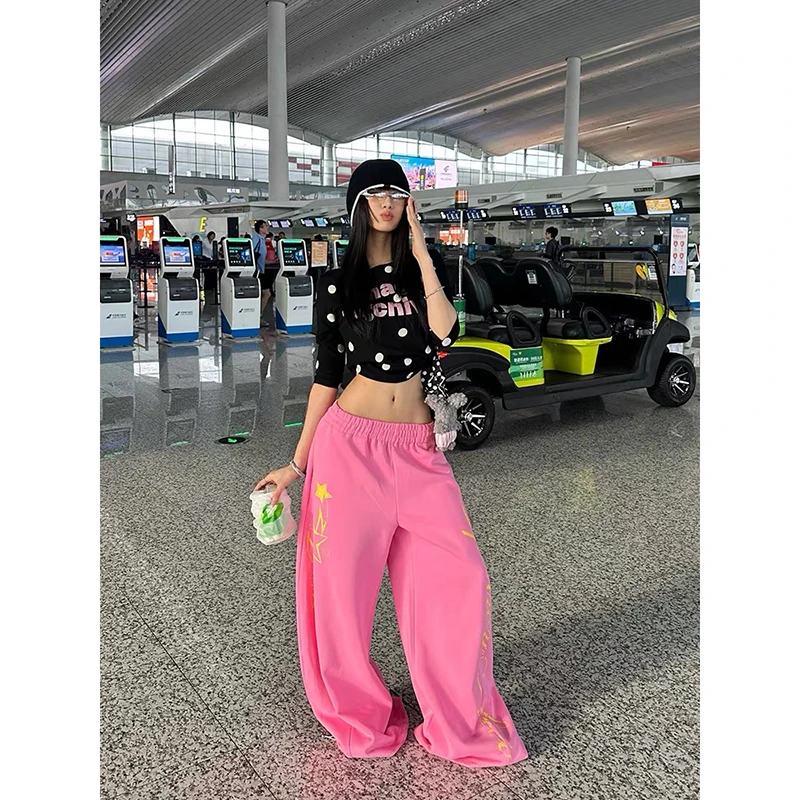 YIBASHU American Style Star Letter Printed Wide Leg Pants Women Autumn Winter Retro High Street Hip-hop Pink Sweatpants Pants