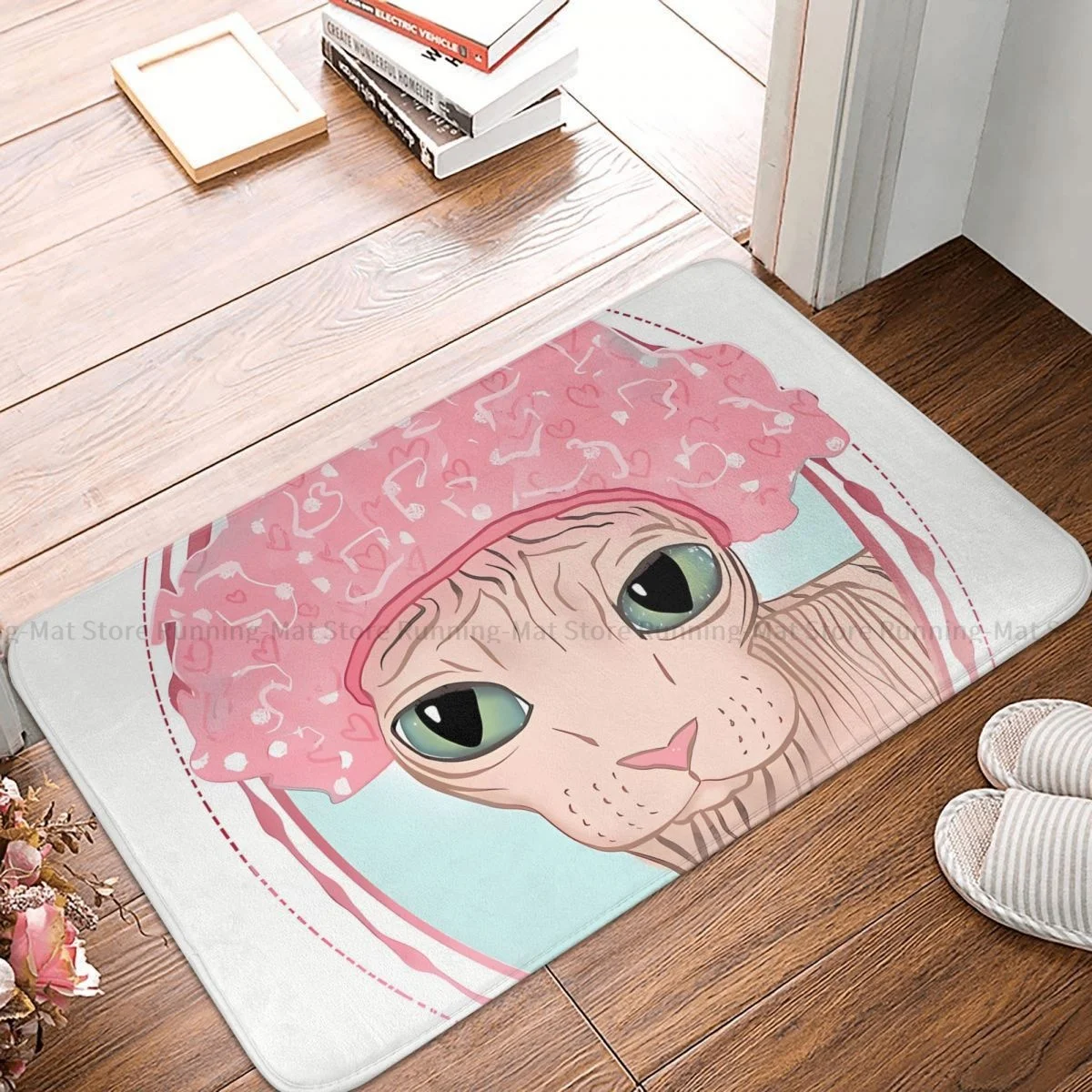 Non-slip Doormat Hairless Sphynx Cat Wearing A Pink Shower Cap Bath Bedroom Mat Outdoor Carpet Home Pattern Decor