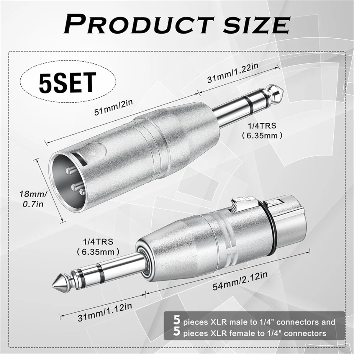 A71P 10 Pack XLR Adapter, 5 Pcs Male to XLR Male Adapter and 5 Pcs Male to XLR Female Adapter,1/4 Inch TRS to XLR Connector