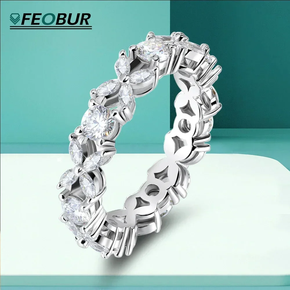 FEOBUR Marquise Cut Full Moissanite Ring for Women Wedding Eternity Band 100% S925 Sterling Silver Engagement Rings Fine Jewelry