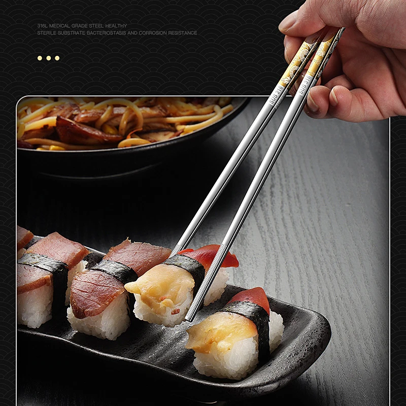 316 Stainless Steel Chopsticks with Dragon Grain Grade,  Non-Slip Extension, High Temperature and mildew Resistant