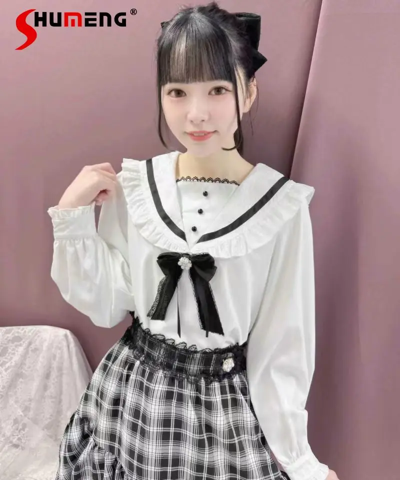 Lolita Mine Mass-Produced Lace Sailor Collar Shirt for Women Spring  and Autumn New Sweet Strap Brooch Pink Black Blouse Female