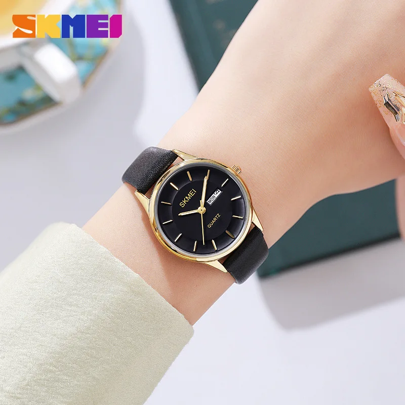 SkmeiWomen's Round Simple Dial Quartz Watch30M นาฬิกาปฏิทินเข็มขัดกันน้ํา