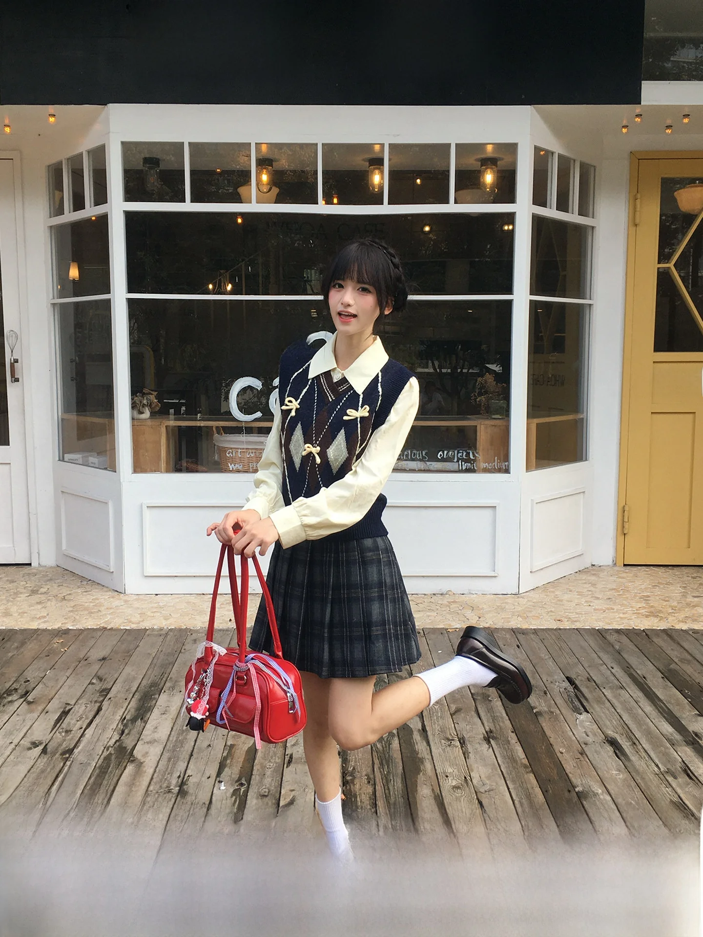 London Snow Song Retro Japanese Style College Wind Knitted Vest Set Women's Layered Shirt Short Skirt Geometric Pattern