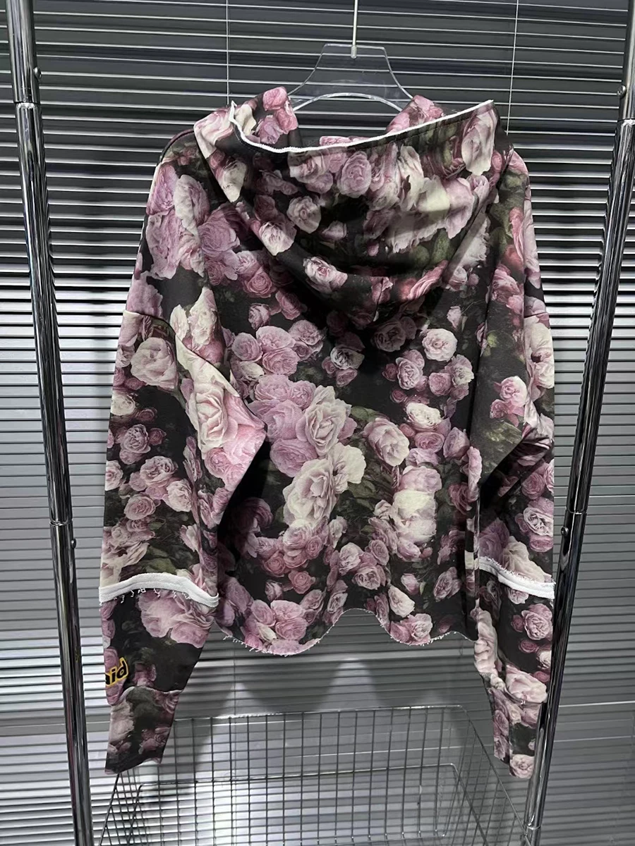 VGH Casual Rose Printing Sweatshirt for Women Long Sleeve Spliced Pocket Letter Decoration Fashion Hoodies Female Clothing Style