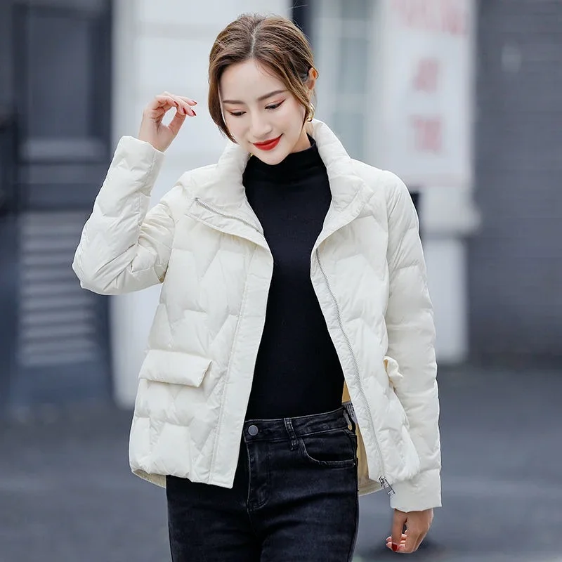 Thin and Light White Duck Down Coats Women Solid Colors Stand Collar Loose Short Warm Jackets New Spring Autumn Comfort Outwears