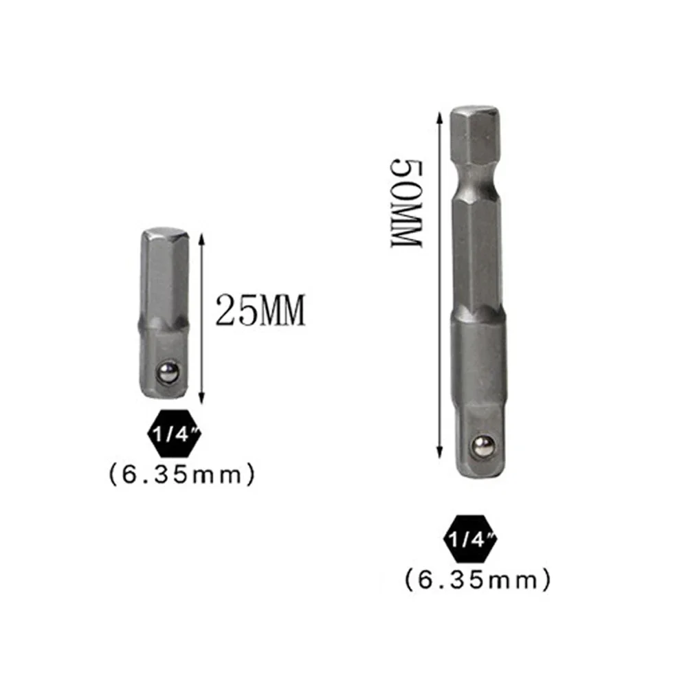 2 pçs adaptador de soquete de impacto conversor 1/4 "haste sextavada para 1/4" adaptador de soquete brocas barra extensão haste chave 25/50mm