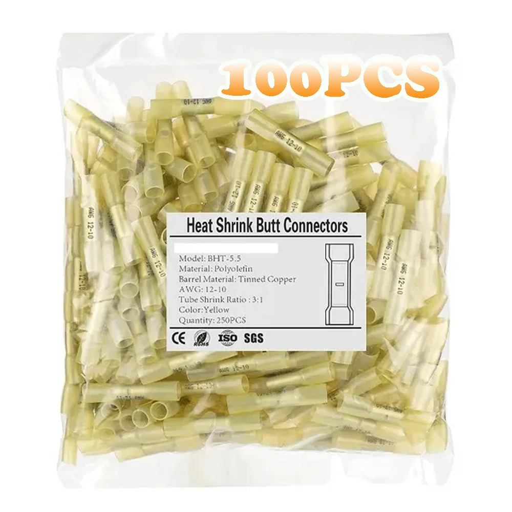 

100Pcs Yellow Heat Shrink Butt Connector 12-10AWG Crimp Terminals Wire Connectors