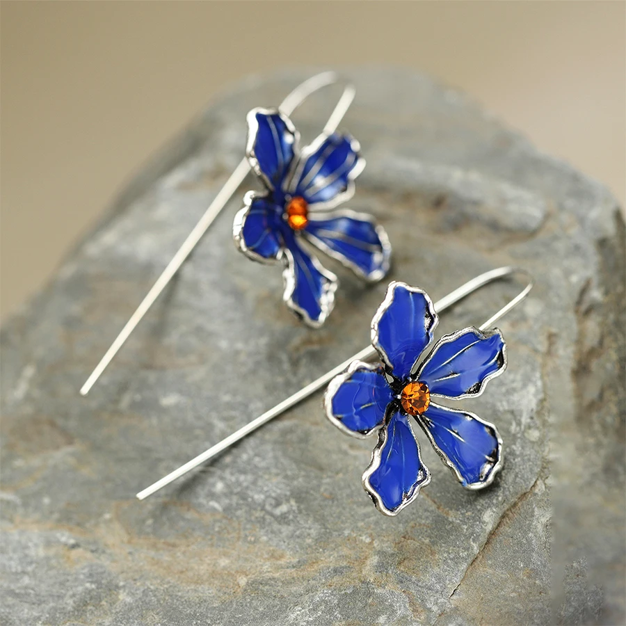 Exquisite Blooming Blue Flower Long Hook Earrings for Women, Fine Jewelry, Orange Crystal, Wedding, Engagement, Gift