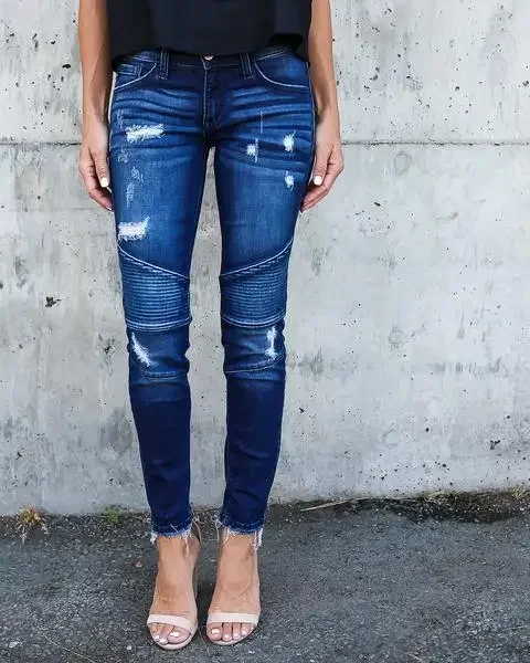 Celana Jeans wanita celana pensil Denim kantong Streetwear Jeans ibu Bodycon lubang seksi pinggang tinggi cuci tertekan panjang pergelangan kaki