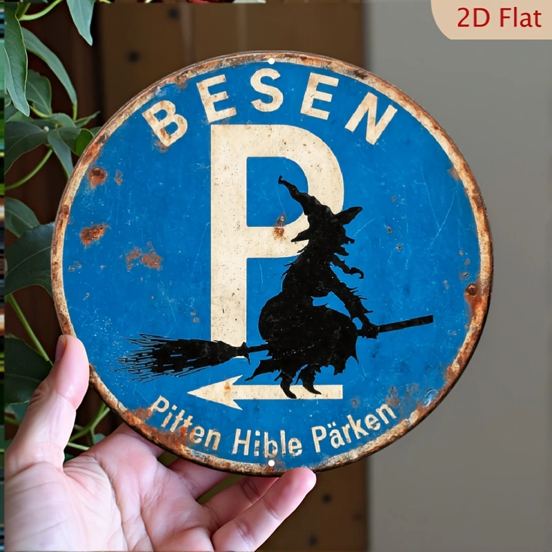 Vintage Metallschild „Bitte hier parken“ mit Hexenmotiv – 8 Zoll Halloween-Wanddekoration, rustikales Türschild für Veranda, Schlafzimmer, Wohnzimmer, einzigartig