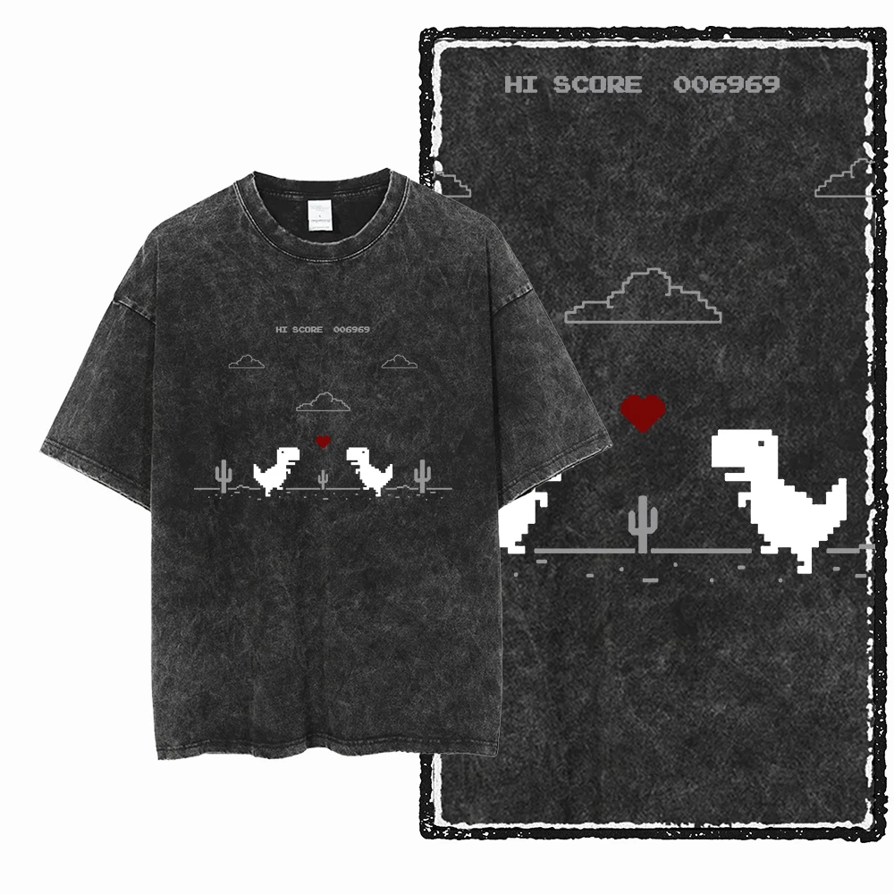 ZH DINO GAME THEME Printed Cotton Acid Washed Exclusive Graphic Unisex T Shirt Cool Streetwear Men Tshirts Big Size Tee for men image 2