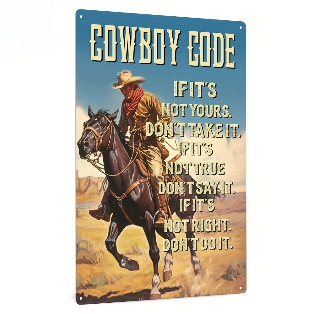 1pc Cowboy Code Metal Aluminum Signs, Vintage Poster Iron Plaque Retro Painting Wall Art Decor for Home Club Bar Pub